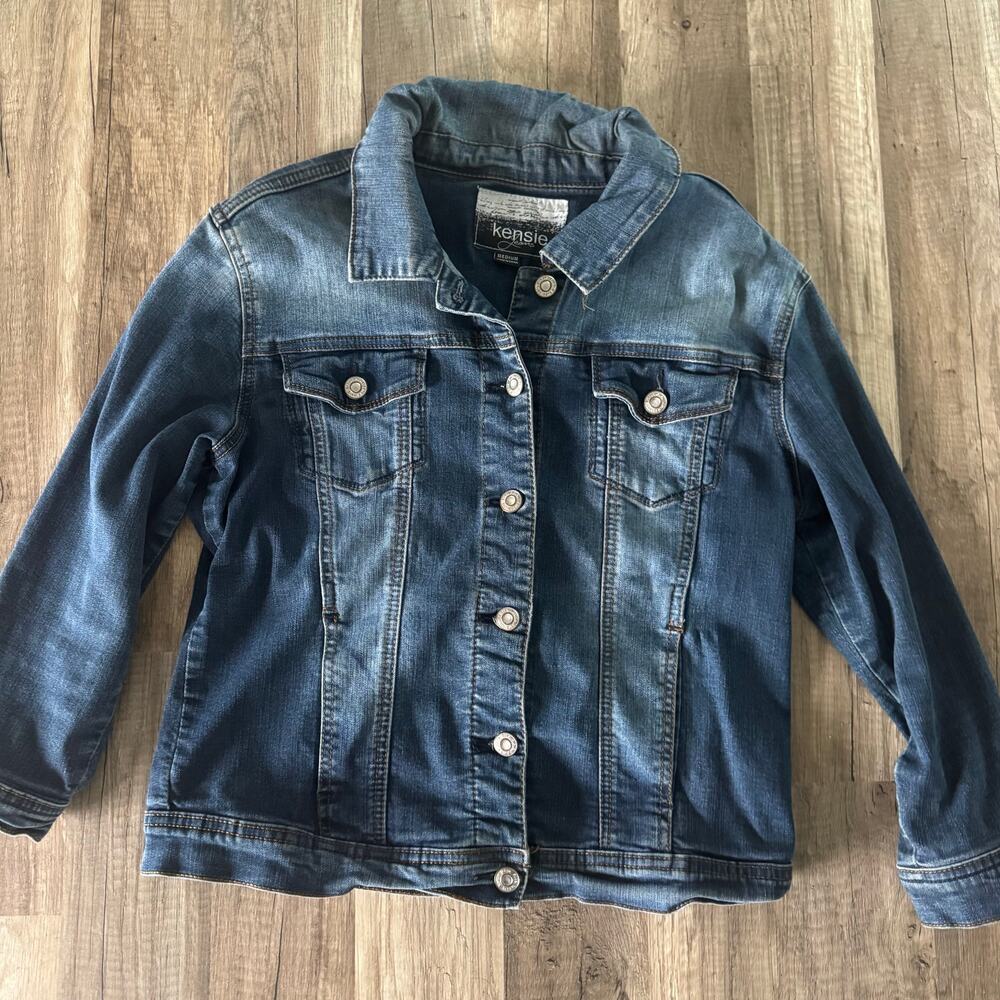 Kensie Jeans Denim Jacket Woman's Medium Button Down Flap Pockets Preppy